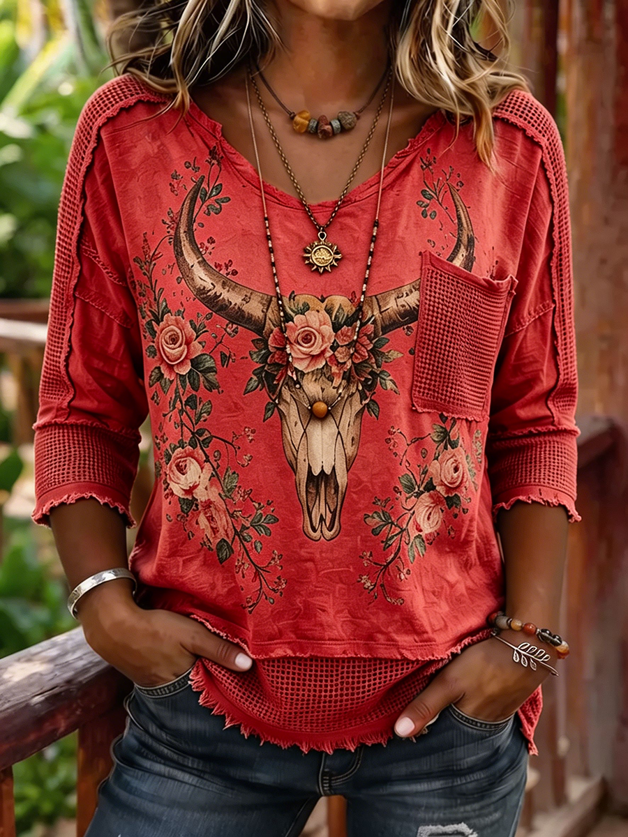 Damen Boho Oberteil mit Bullenschädel-Blumenmuster, Web-Patchwork und 3/4-Ärmeln