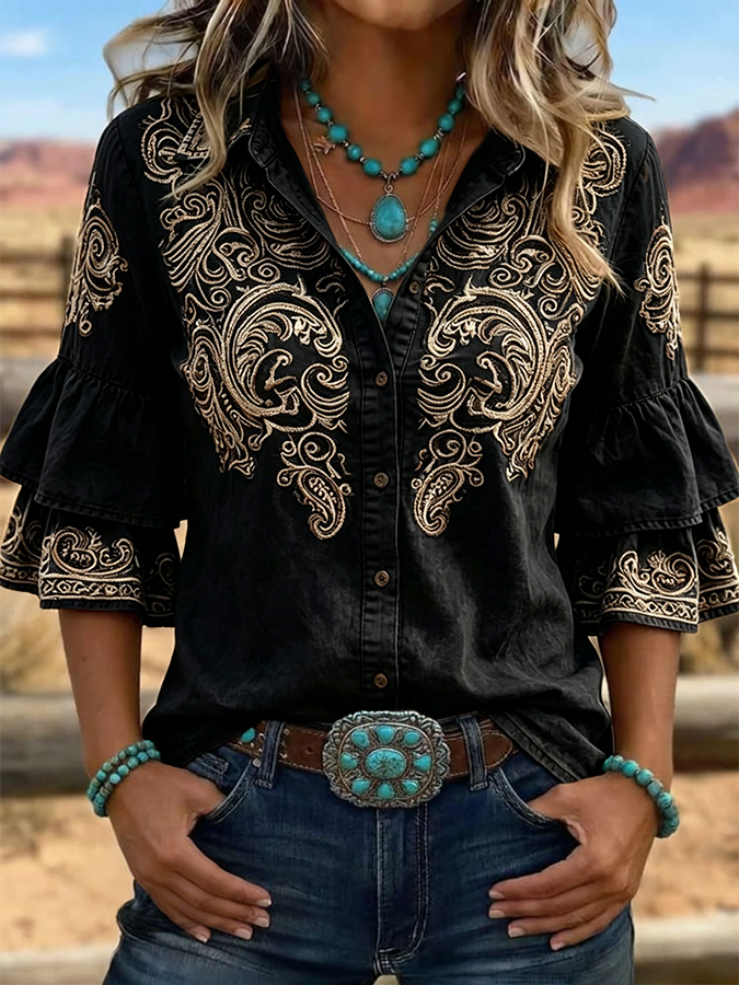 Women's Vintage Floral Print Casual Ruffle Lapel Shirt