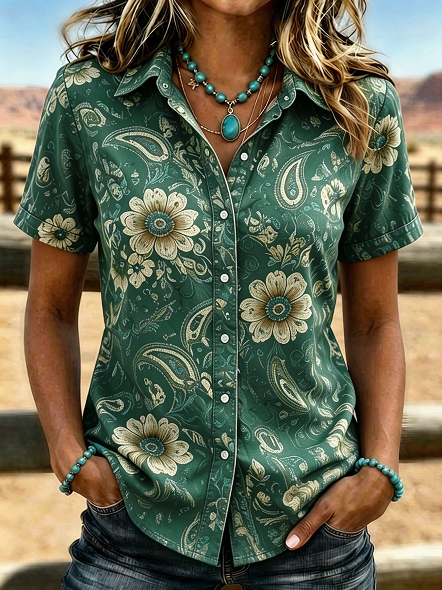 Chemisier à manches courtes boutonnée pour femme, style western, imprimé cachemire et floral bohème