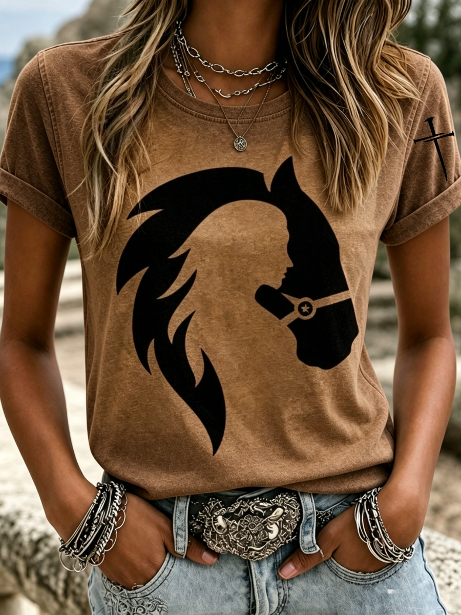 Damen T-Shirt mit Rundhalsausschnitt und Western-Tier-Kreuz-Print
