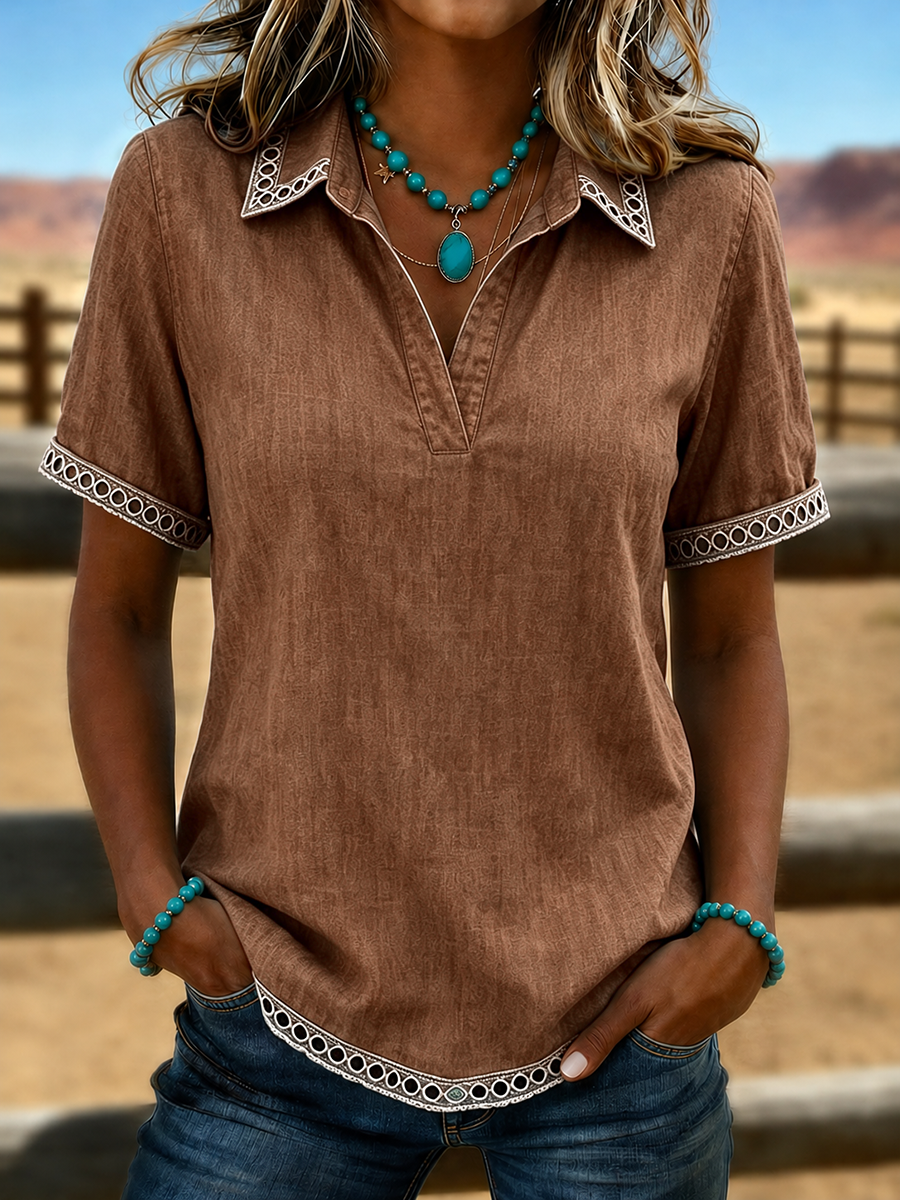 Western Turquoise Lace Trim V-Neck Short Sleeve Blouse