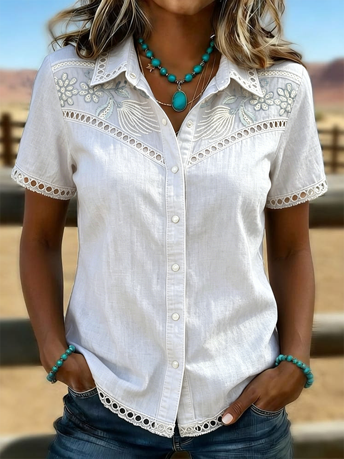 Women's Vintage Floral Art Print Hollow Patchwork Casual Shirt