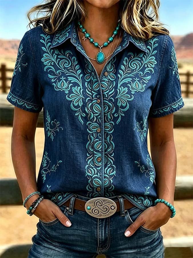 Damen Freizeit Retro Print Hemd