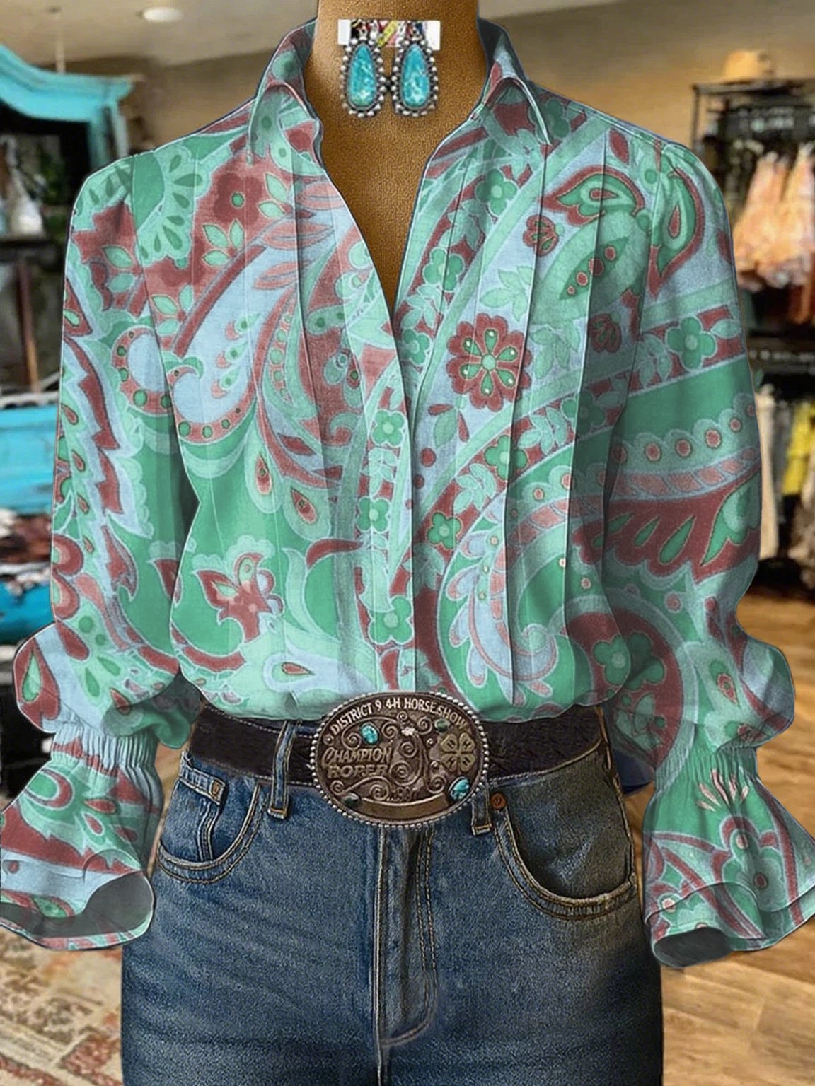 Chemisier décontracté à manches bouffantes et motifs pour femme de style western