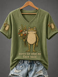 Women's Fun Frog-Print V-Neck Top