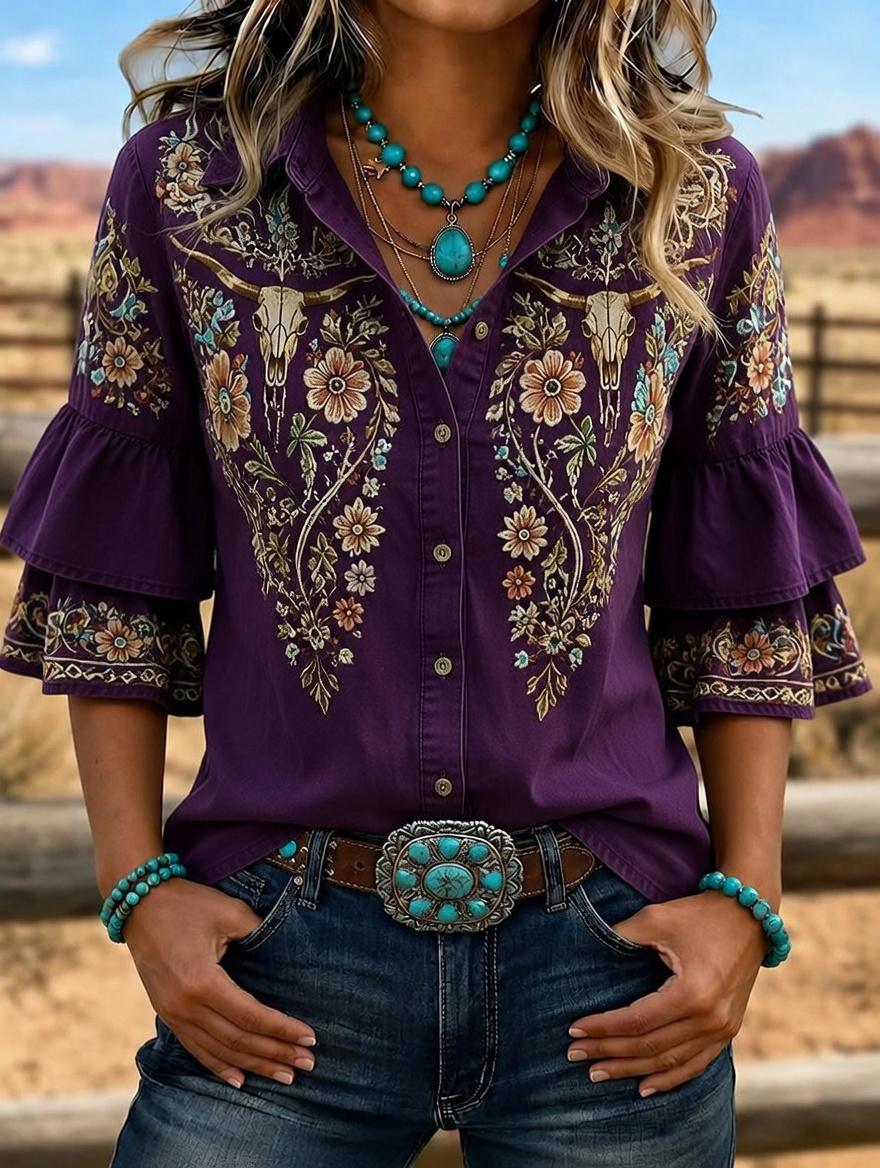 Chemise femme à manches volantées brodées tête de buffle Western