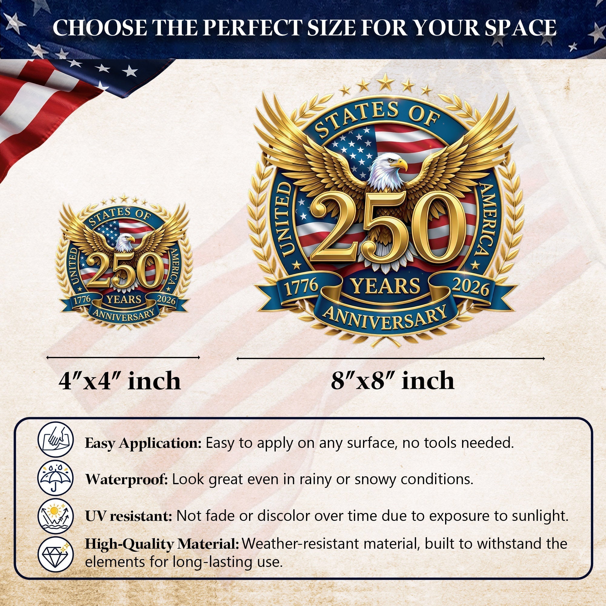 USA Eagle Flag 250th Anniversary Decal 1776-2026 Patriotic Sticker