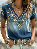 Damen T-Shirt mit V-Ausschnitt und Pflanzen-/Blumen-Print