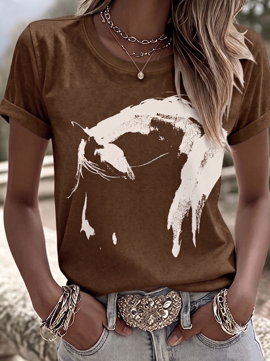 Women's Western style animal cross round neck T-shirt