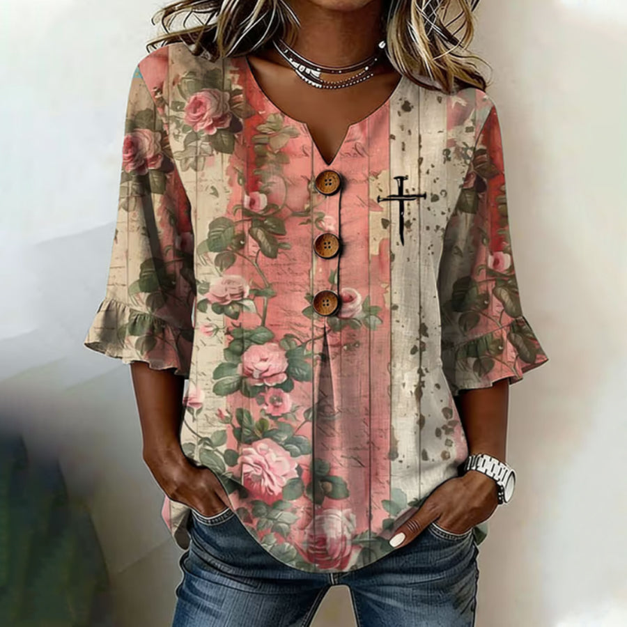 Damen Freizeit Retro-Print Button-Up Hemd