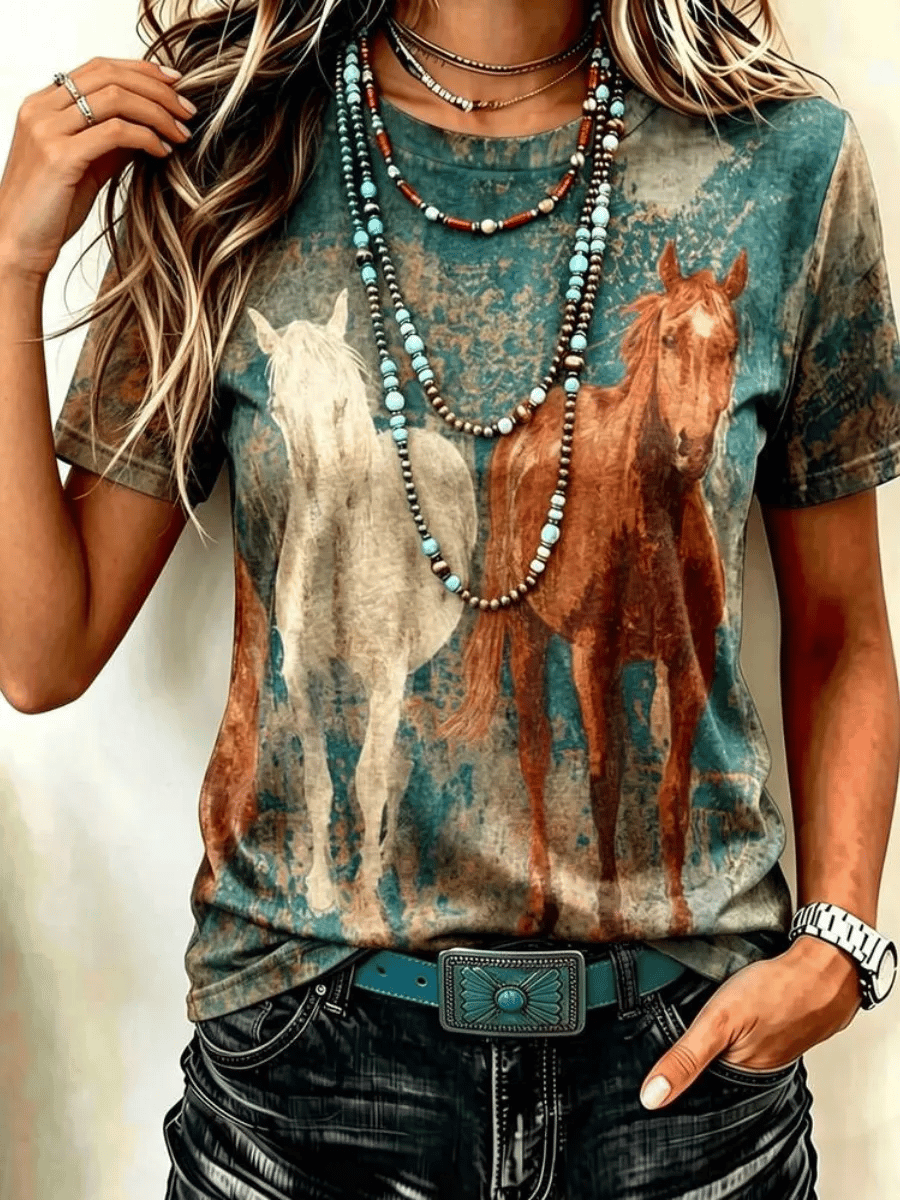 Damen Western-Stil Tier Kreuz Rundhals T-Shirt