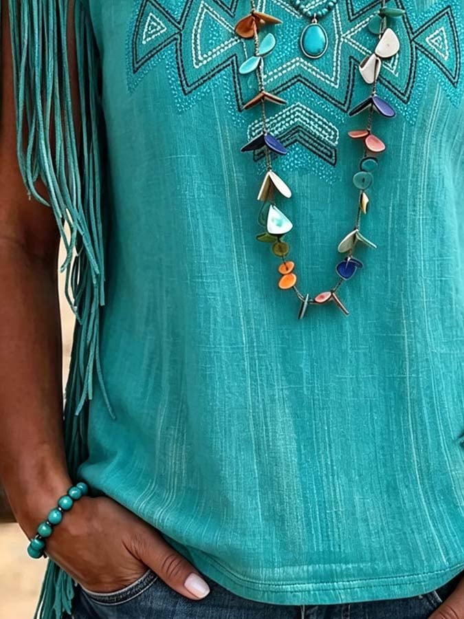 Damen lässiges Oberteil mit Quasten und Patchwork-Print