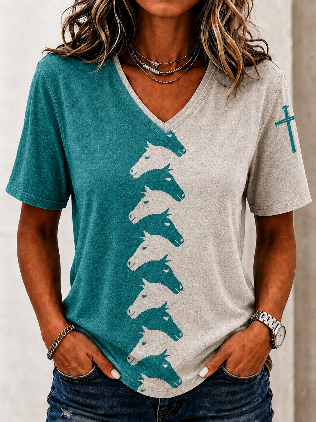 Women'S Western Style Cross Print Casual V-Neck T-Shirt