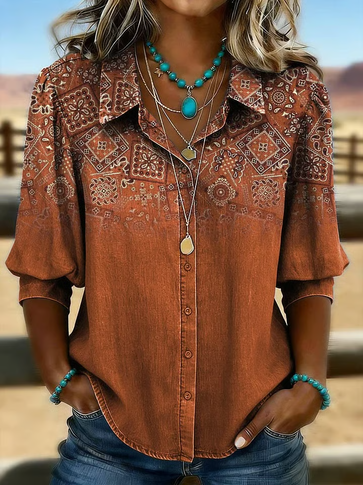 Retro Printed Casual Bubble Sleeve Shirt