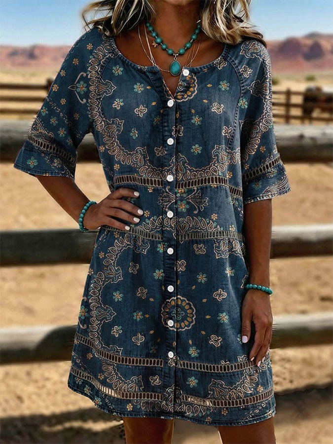 Robe en jean décontractée et évidée à imprimé floral vintage
