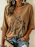 Women's Vintage Cowgirl Horse Printed Casual Patchwork Art Top