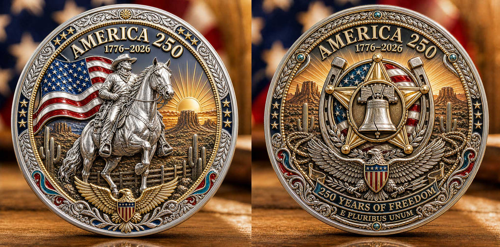 America 250th Anniversary Commemorative Coin – 1776–2026 Western Cowboy Eagle Freedom Challenge Coin, Antique Silver & Gold Plated Patriotic Collectible Gift