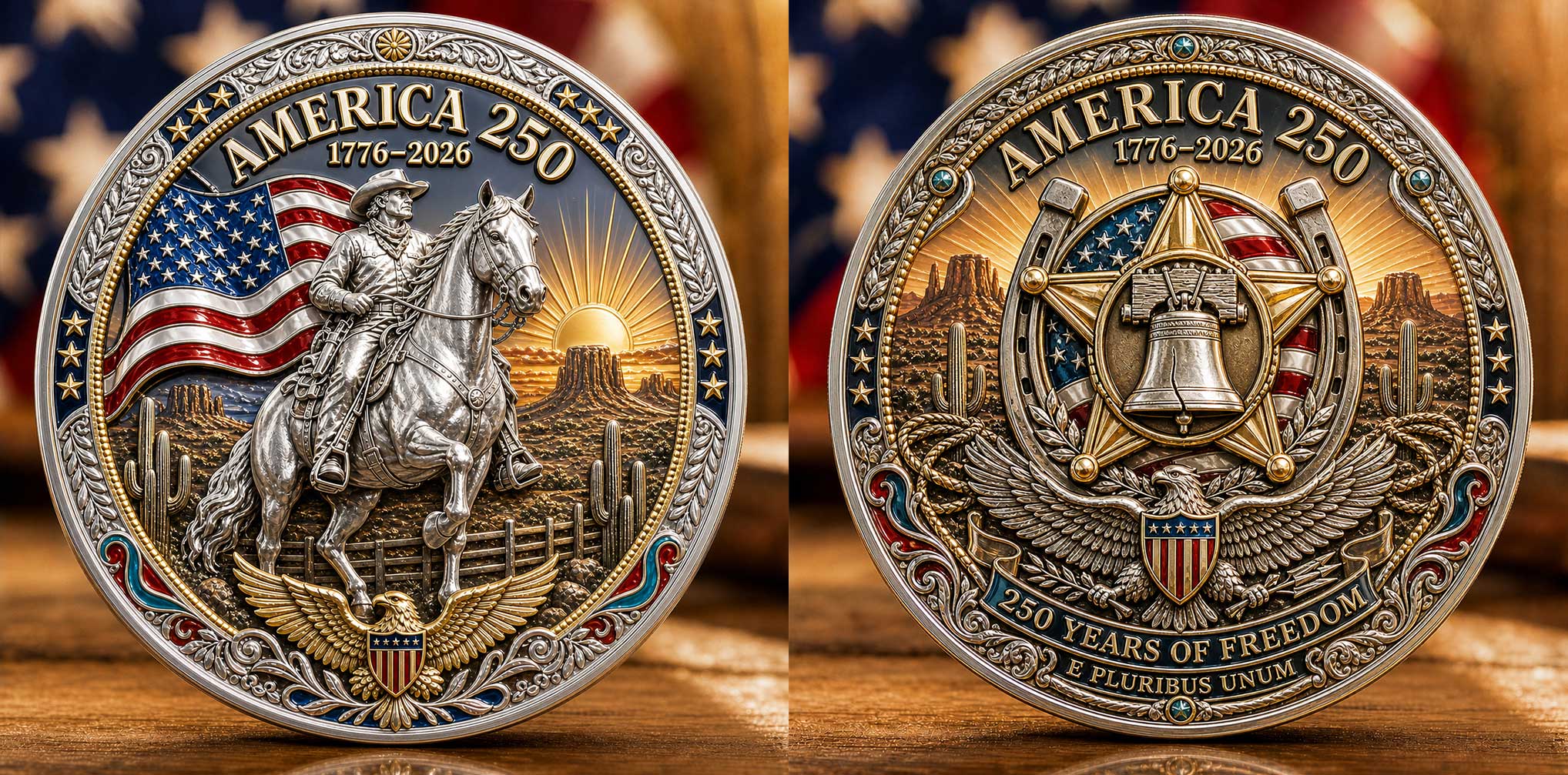 America 250th Anniversary Commemorative Coin – 1776–2026 Western Cowboy Eagle Freedom Challenge Coin, Antique Silver & Gold Plated Patriotic Collectible Gift