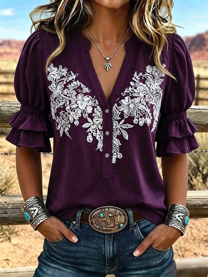 Women's Vintage Art Print Puff Sleeve Casual Shirt