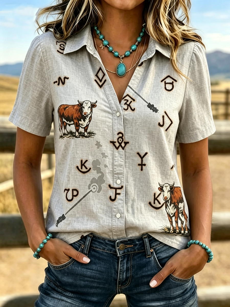 Damen Retro Western Stil Bedrucktes Kurzarmhemd  