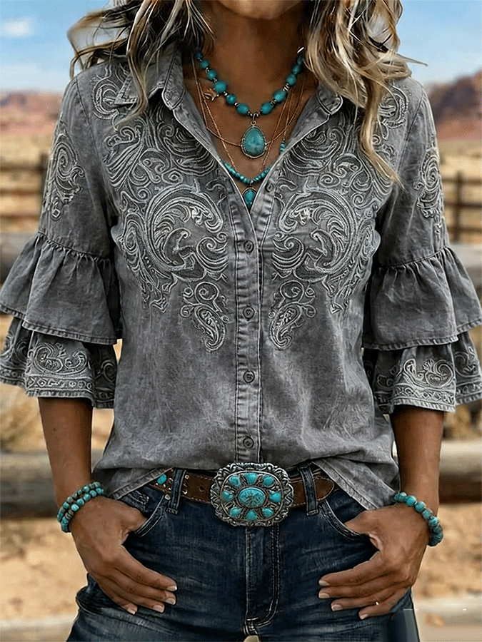 Women's Vintage Floral Print Casual Ruffle Lapel Shirt