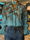 Damen Retro Freizeit Western Muster Hemd