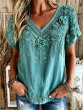 Women'S Vintage Western Turquoise Floral Faith Print Linen Short-Sleeved T-Shirt