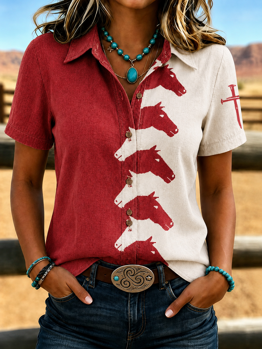 Women'S Retro Western Style Cross Short Sleeved Shirt