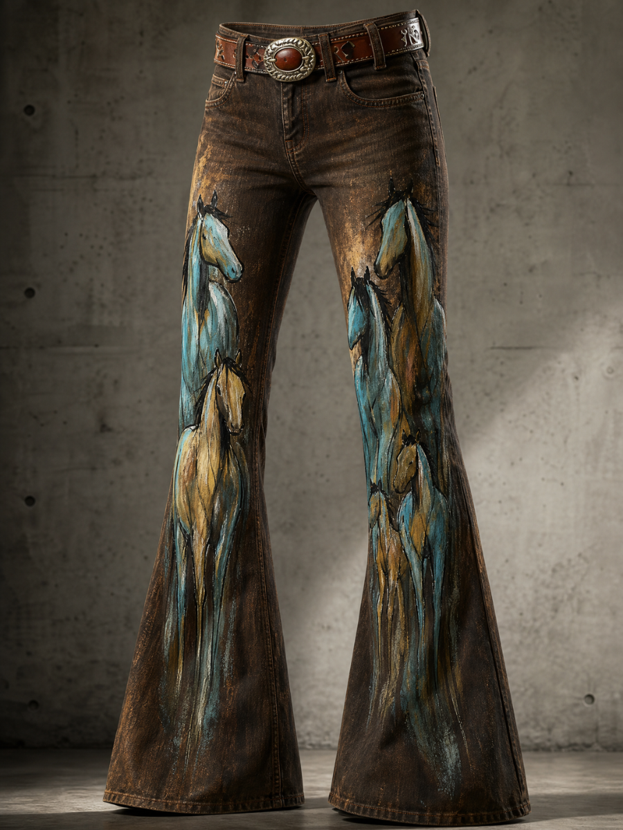 Damen Jeans mit Pferde-Print im Western-Stil