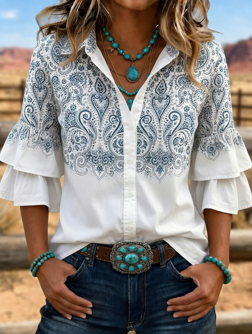 Women's Western Paisley Gradient Double Ruffle Bell Sleeve Button Down Shirt