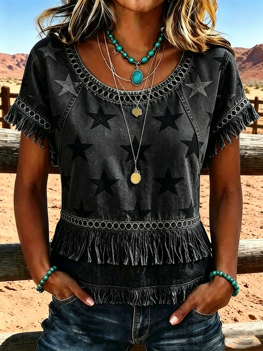 Women'S 250Th Anniversary American Vintage Western-Style Casual Shirt With Fringe Splicing