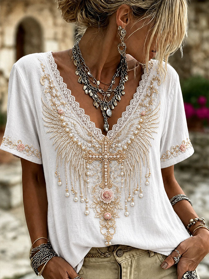 Women'S White Flower Cross Faith Art Cotton Linen V-Neck Short Sleeved Top