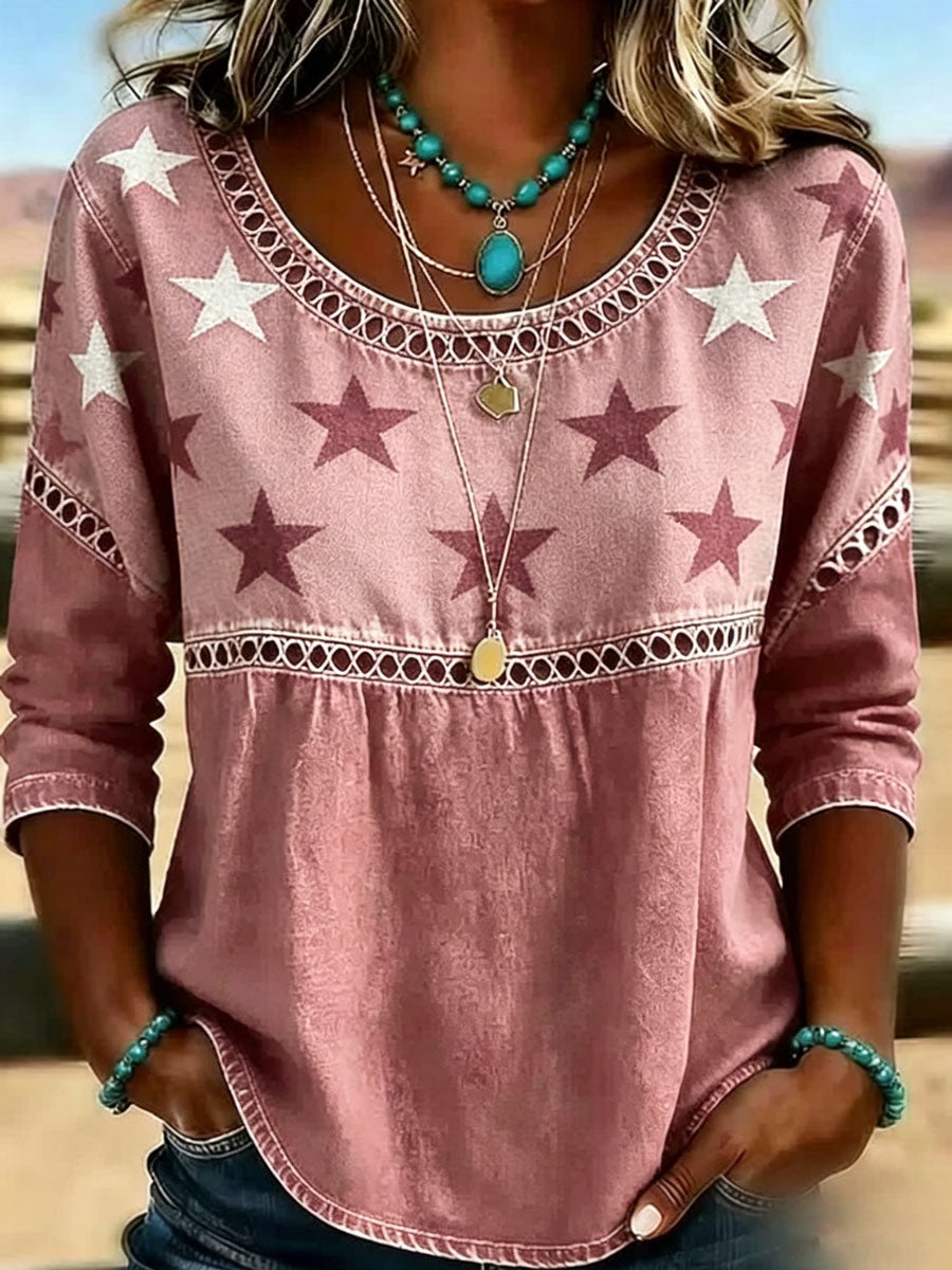 Women's Casual Round-Neck Printed Cotton-Linen Top