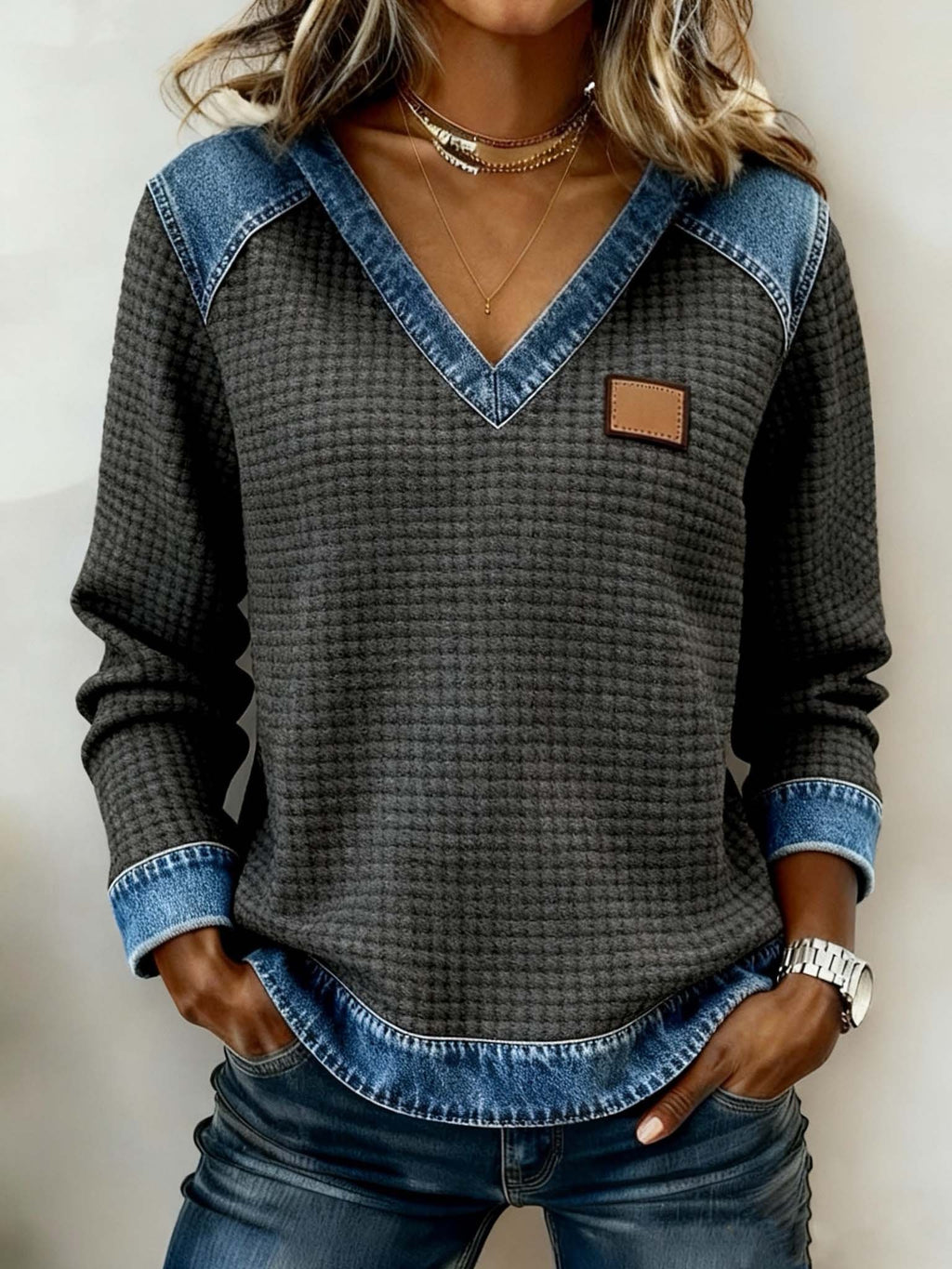 Damen Lässiges Color-Block Pullover Sweatshirt
