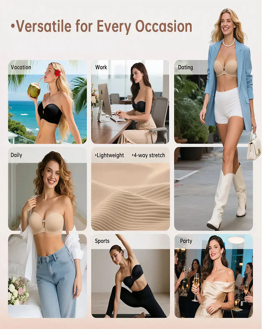 Women's Strapless Bra with Dual Front Buckle | Anti-Slip Wireless Full Support Bra