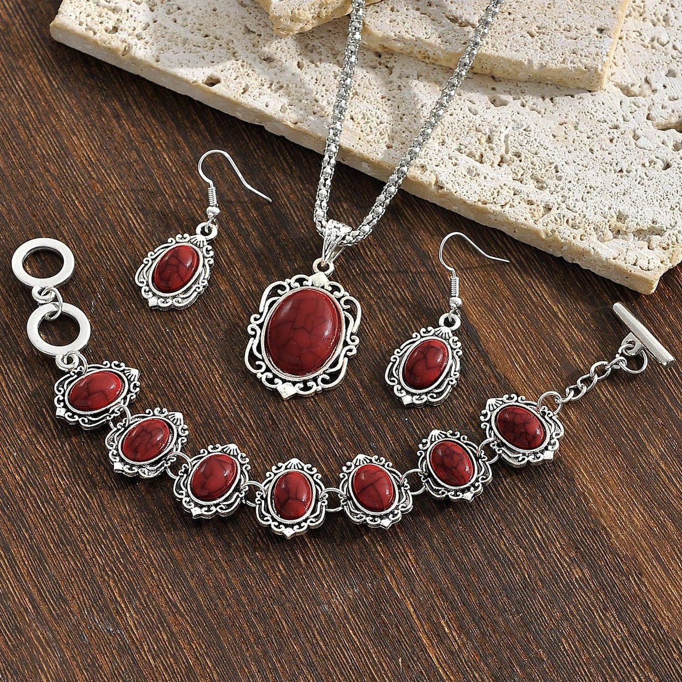 Vintage Western Boho Türkis Schmuckset (Halskette, Armband, Ohrringe)
