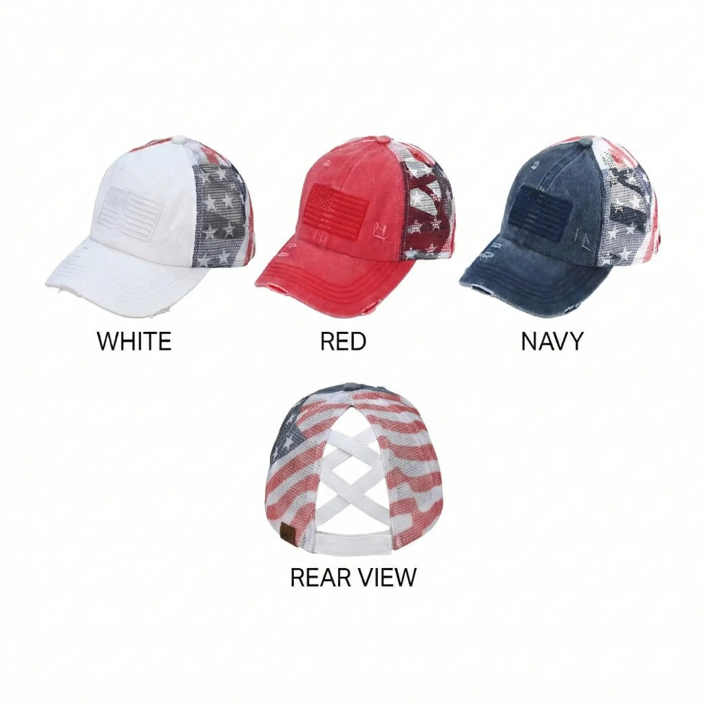 Casquette de baseball en coton drapeau américain avec dos croisé pour femme