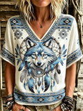 Damen Western-Stil Blau Wolf & Traumfänger V-Ausschnitt Kurzarm T-Shirt