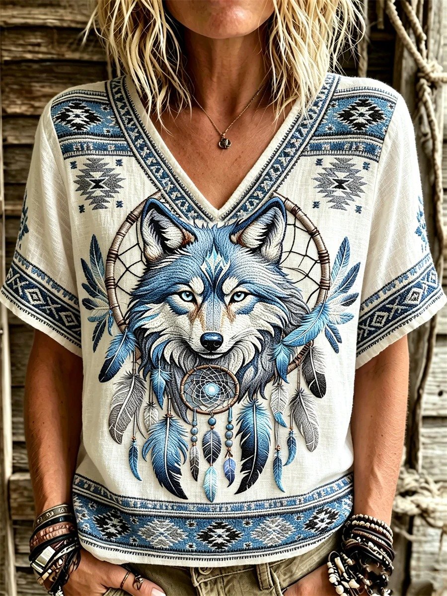 Damen Western-Stil Blau Wolf & Traumfänger V-Ausschnitt Kurzarm T-Shirt