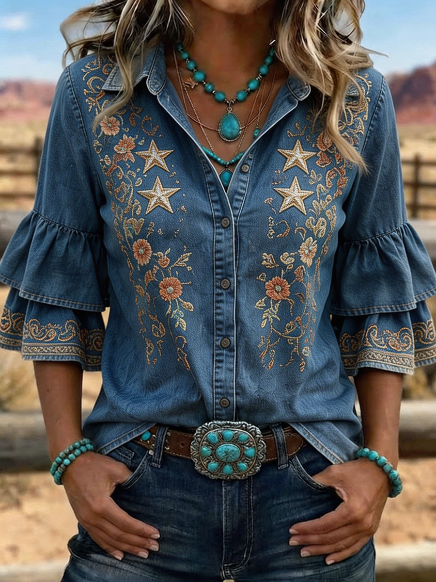 Chemise à manches volantées brodées florales Western Star pour femme