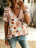 Damen Boho Aztek-Print V-Ausschnitt Spitzenbesatz Lässiges Kurzarm-Top