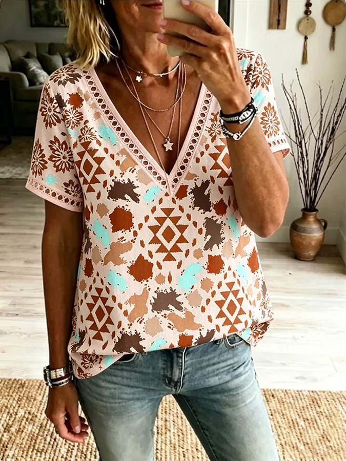 Damen Boho Aztek-Print V-Ausschnitt Spitzenbesatz Lässiges Kurzarm-Top