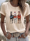 T-Shirt für Damen im Western-Stil mit Tiermotiv und Rundhalsausschnitt