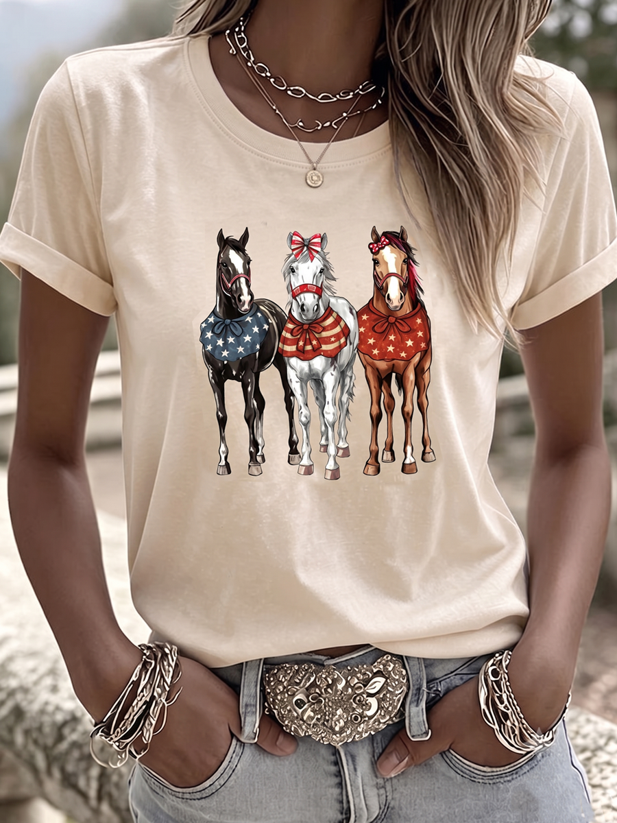 T-Shirt für Damen im Western-Stil mit Tiermotiv und Rundhalsausschnitt