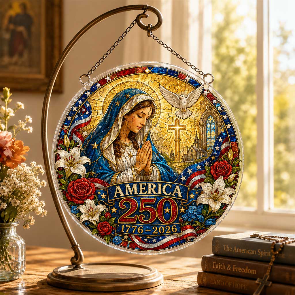 America 250 Acrylic Puzzle Window Hanging Ornament – 1776–2026 Patriotic Stained Glass Style Madonna & Child Suncatcher Decor