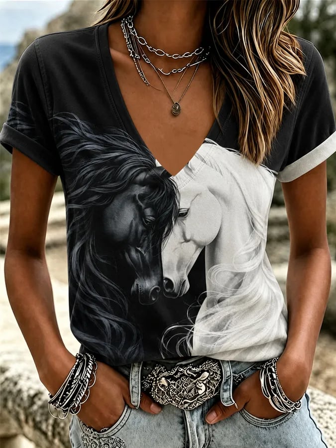 Damen Western Pferde-Print Freizeit T-Shirt