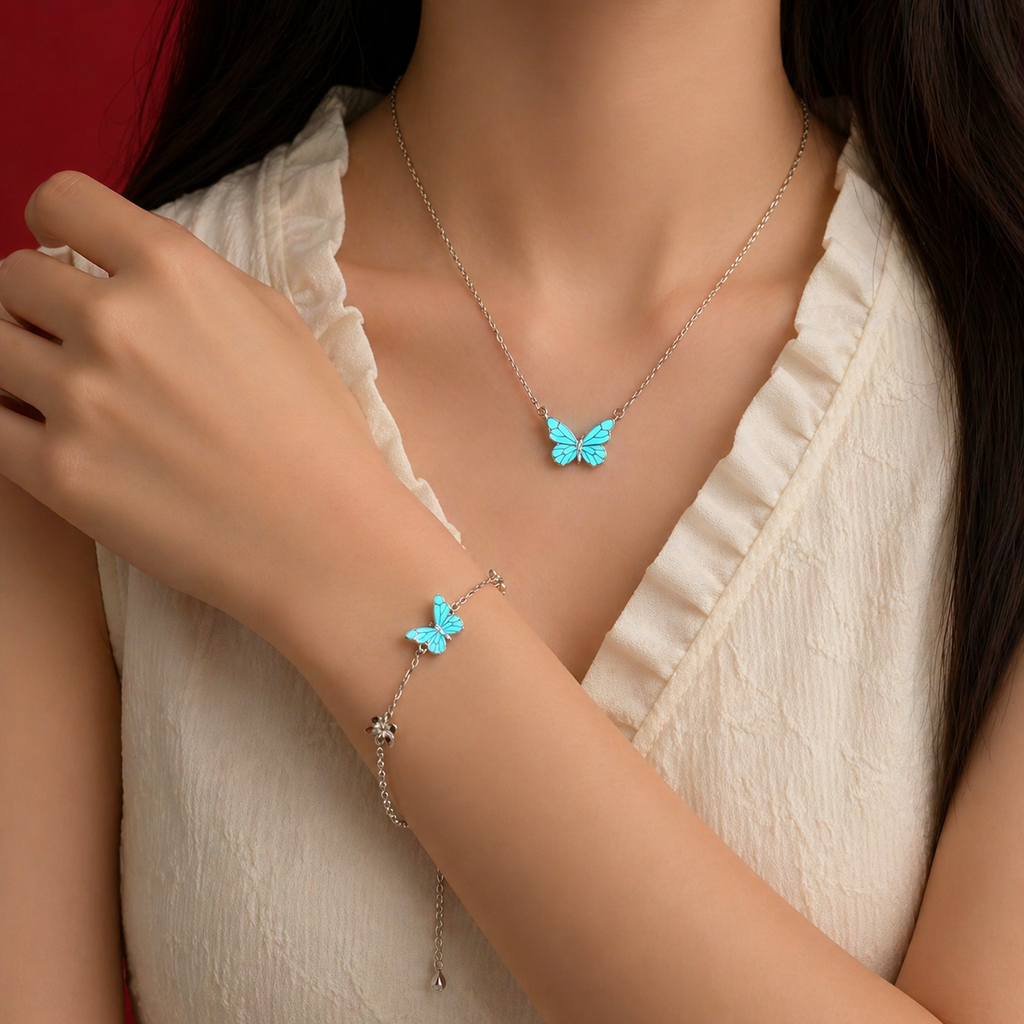 Parure Collier et Bracelet Breloque Papillon Lumineux