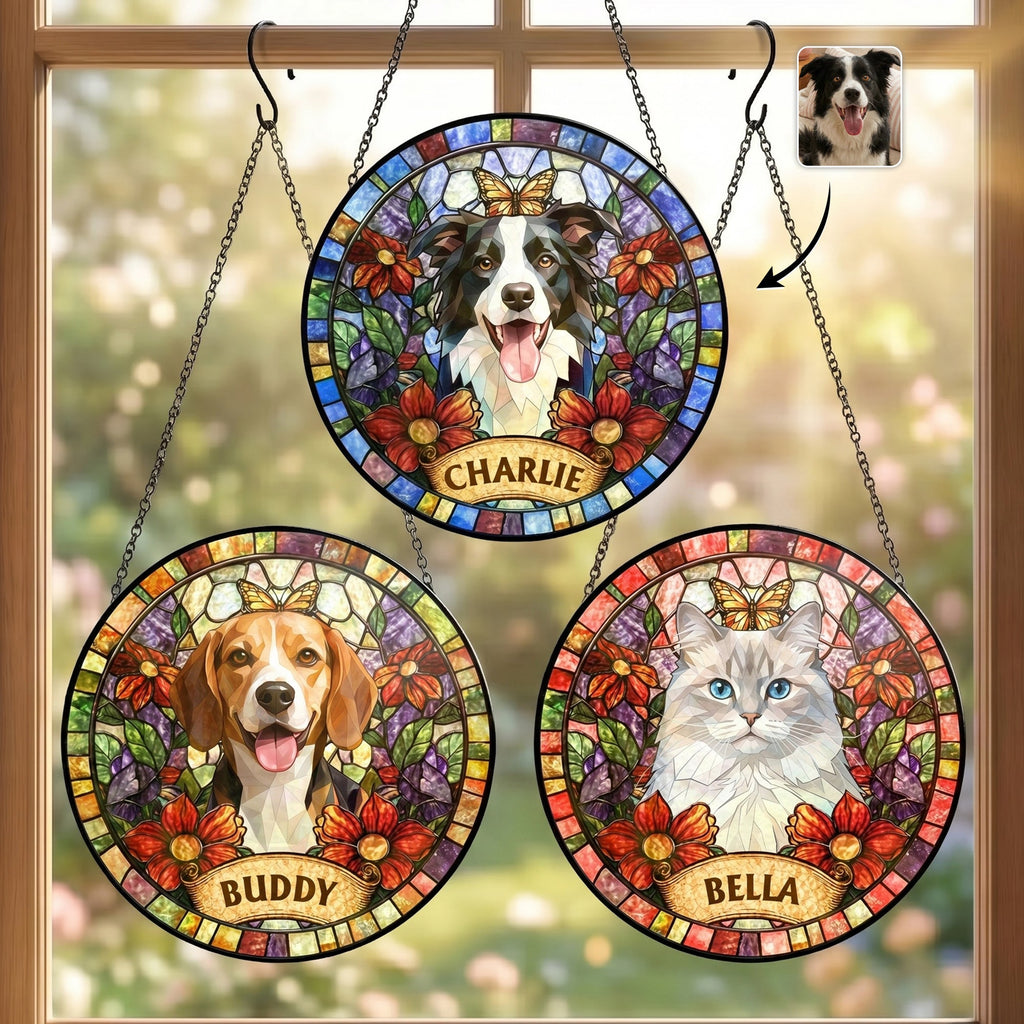 Individuelles Tierportrait im Buntglas-Stil – Geschenk für Tierliebhaber – Personalisierter Fensterhänger Sonnenfänger