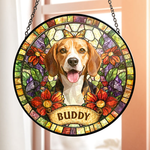 Portrait d'animal de compagnie personnalisé style vitrail - Cadeau pour les amoureux des animaux - Attrape-soleil à suspendre pour fenêtre