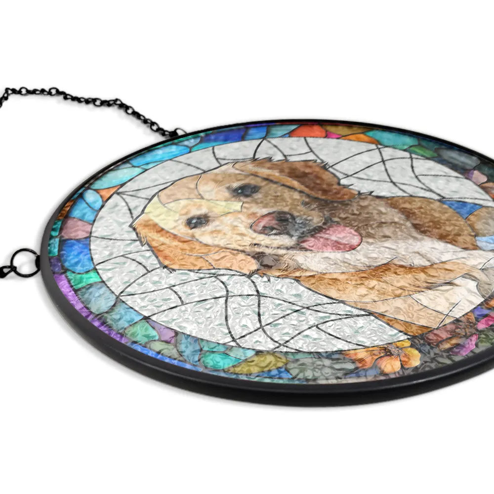 Individuelles Foto Hunde- und Katzen-Familienporträt - Personalisierter Buntglas-Fensterhänger Sonnenfänger